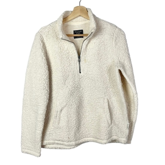 Abercrombie & Fitch Ivory Sherpa Quarter Zip Pullover Sweatshirt M - Picture 1 of 5